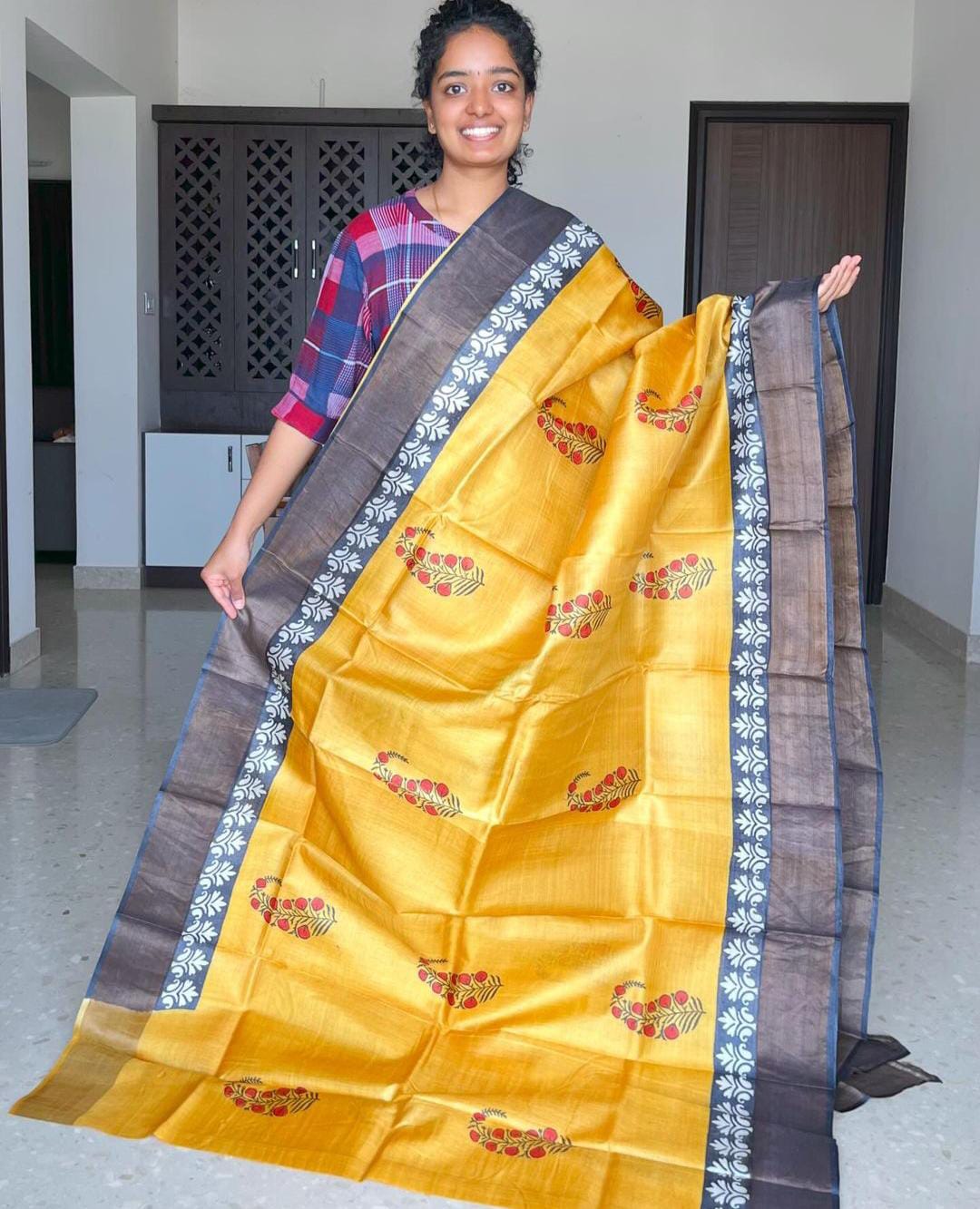 Handloom Bhagalpuri Tussar Saree with Panel Design | Gold Borders, Pallu, and Blouse