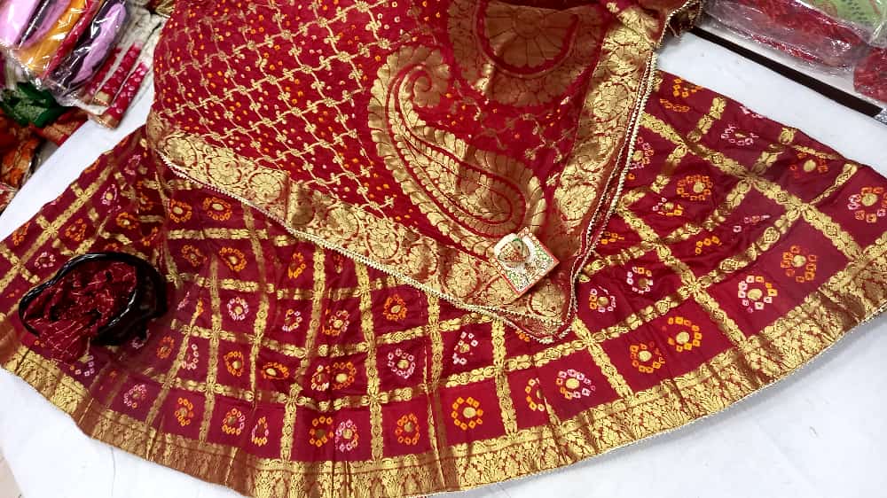 Banarasi Gharchola Silk Lehenga Set with Bandhani Design, Zari Blouse, and Dupatta – Stitched with Touch Aster