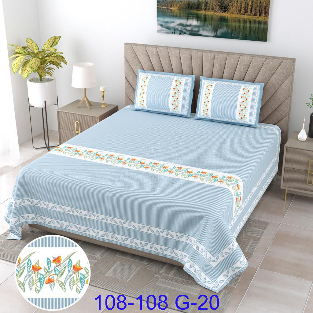 9×9 Ft Cotton Autoloom Bedsheet with 2 Flap Pillow Covers