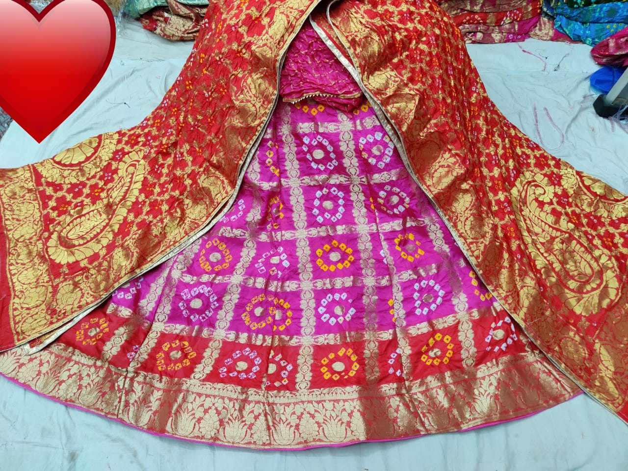 Banarasi Gharchola Silk Lehenga Set with Bandhani Design, Zari Blouse, and Dupatta – Stitched with Touch Aster