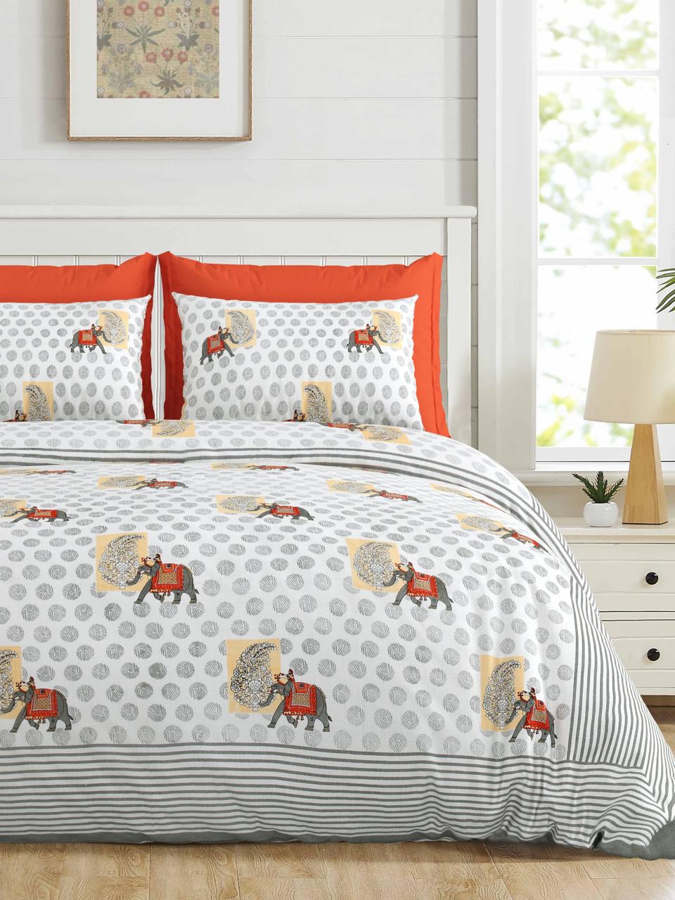 Jumbo-Size Handblock Printed Cotton Bedsheet Set with Pillow Covers