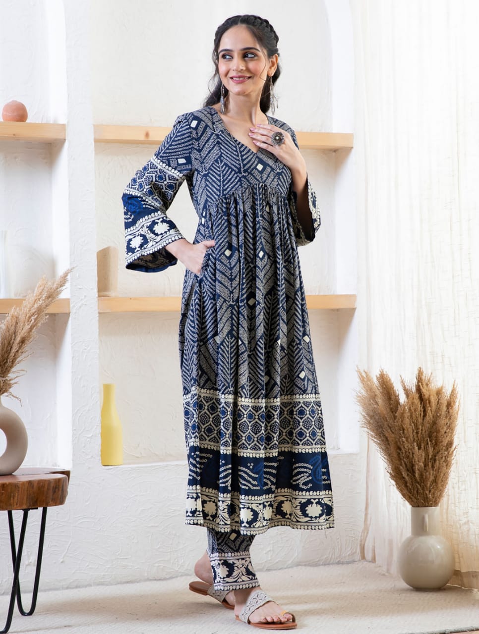 Stunning Blue Printed Rayon Aliya Kurti with Bell Sleeves and Pocket