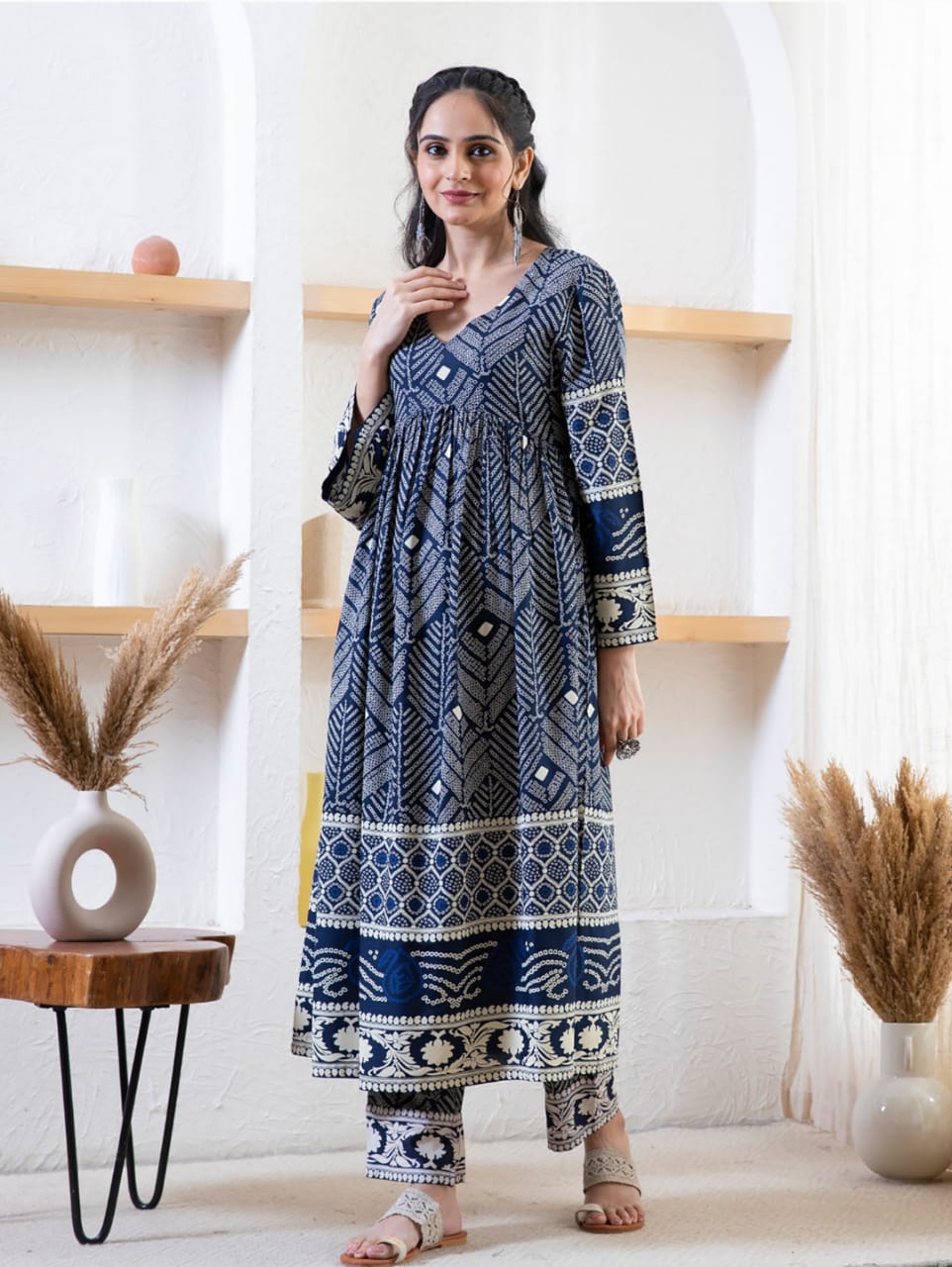 Stunning Blue Printed Rayon Aliya Kurti with Bell Sleeves and Pocket