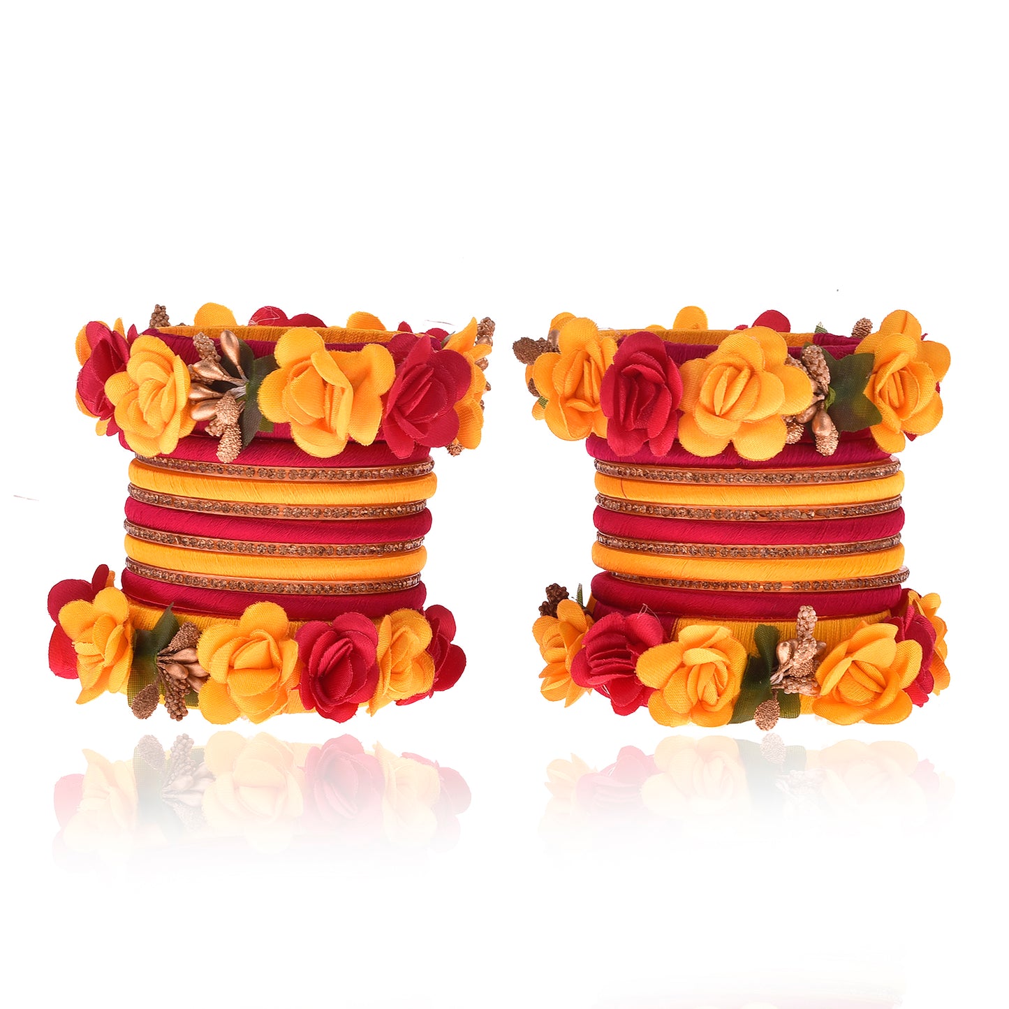 Sukriti Beautiful Handcrafted YellowMagenta Flower Designer Silk thread Bridal Chuda Wedding Bangles for Women – Set of 22