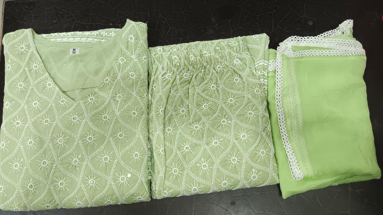 Green Cotton Chickenkari Embroidered Kurta Set with Dupatta