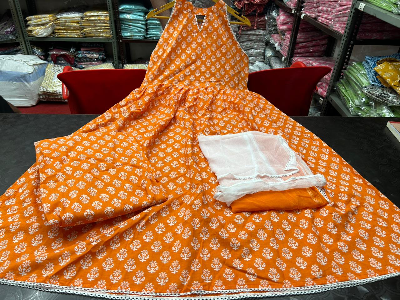 Vibrant Orange Anarkali Kurta Set with Sanganeri Block Print