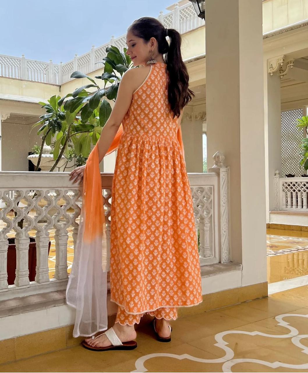 Vibrant Orange Anarkali Kurta Set with Sanganeri Block Print