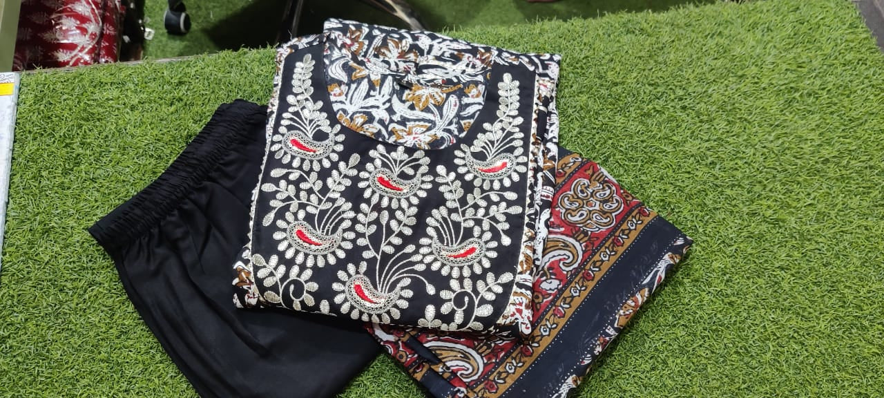 Elegant Black Rayon Anarkali Kurti Set with Embroidery Work and Malmal Dupatta