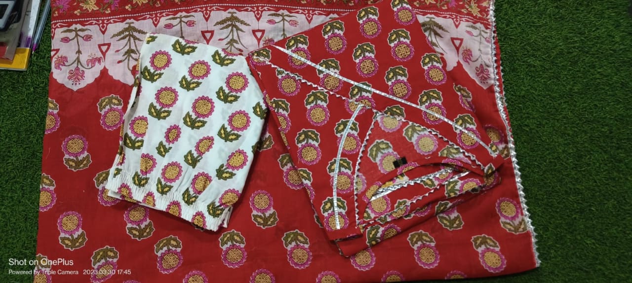 Exquisite Red Rosewood Hand Block Print Gota Lace Anarkali Suit Set