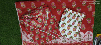 Exquisite Red Rosewood Hand Block Print Gota Lace Anarkali Suit Set