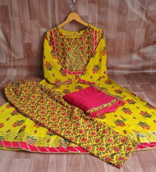 Exquisite Handcrafted Anarkali Kurti Set in Yellow with Intricate Gotta Detailing