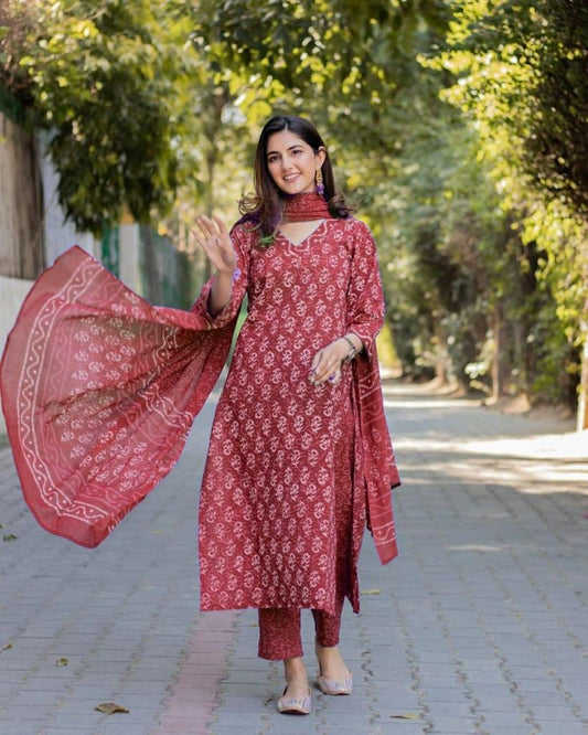 Maroon Cotton Suit Set with Printed Kurti, Pant, and Dupatta