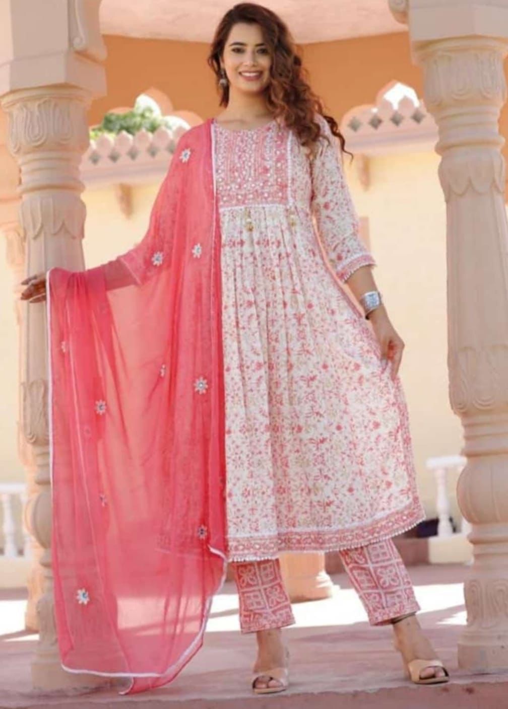 Exquisite Pink Rayon Nayra Kurti Set with Mirror Embroidered Work