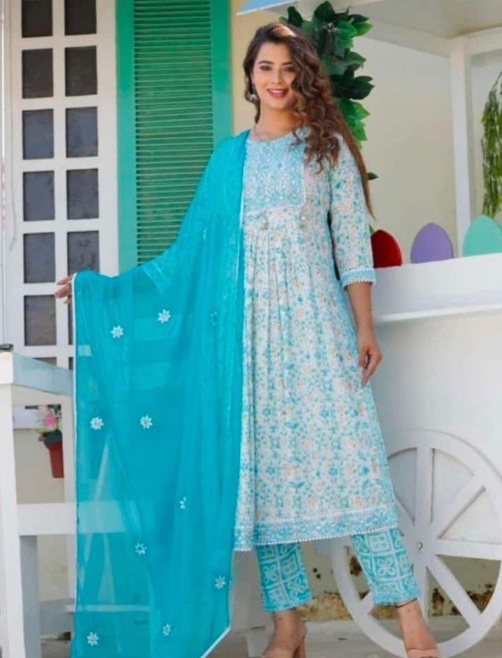 Elegant Light Blue Rayon Kurti Set with Mirror Embroidery and Croia Lace