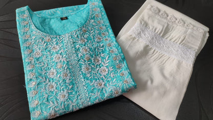 Light Blue Cotton Kurti with Mirror Embroidery and Pant with Lace Work