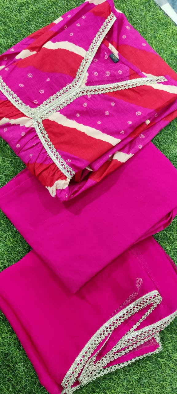 Elegant Magenta Cotton Kurti Set with Handcrafted Dupatta and Embroidered Neckline