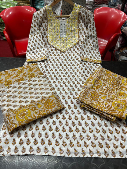 Elegant Beige Sanganeri Block Print Cotton Suit Set with Adda Work Detailing