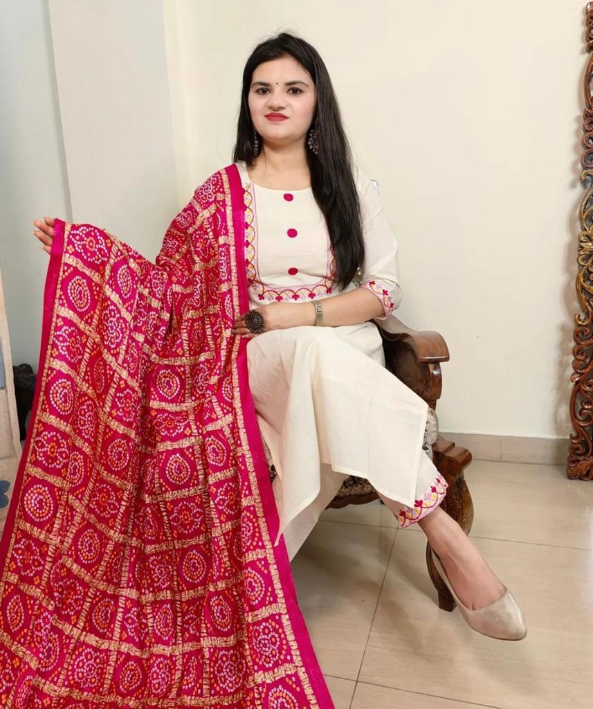Hand-Embroidered Creamy White A-Line Kurta with Pants and Bandhej Printed Dupatta