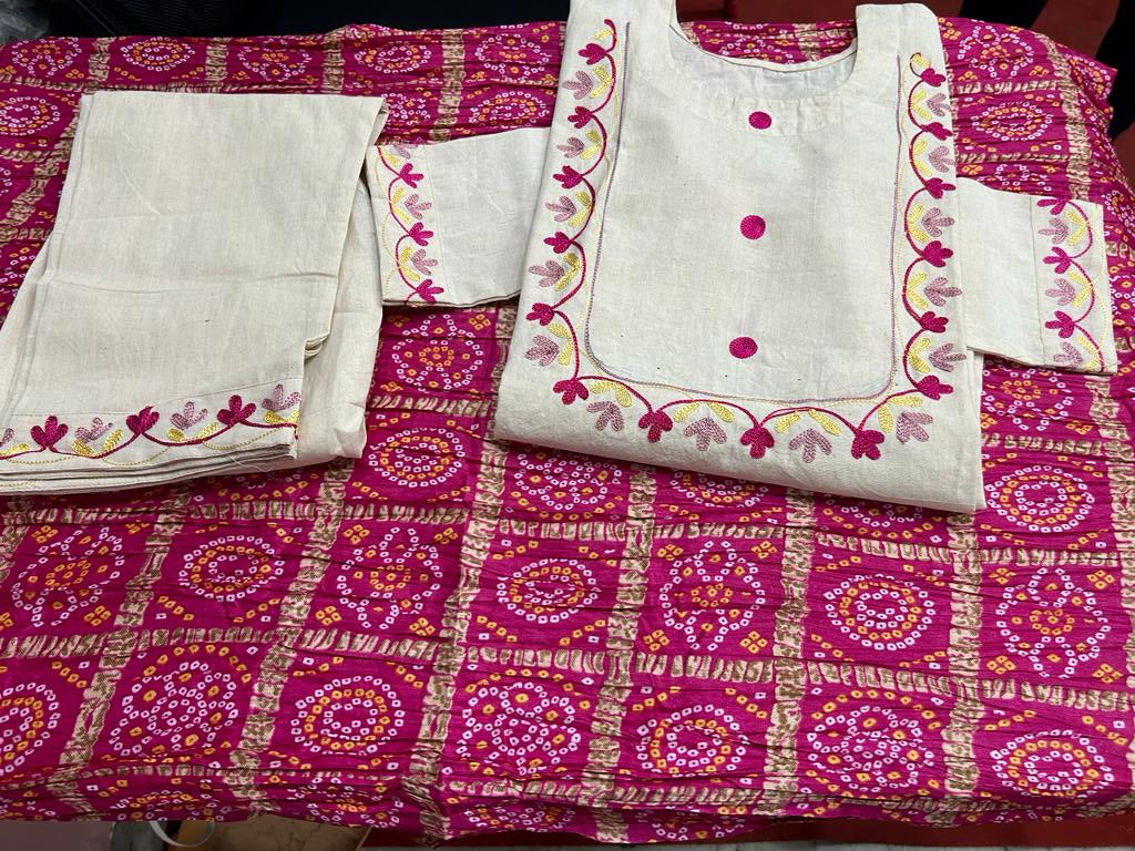 Hand-Embroidered Creamy White A-Line Kurta with Pants and Bandhej Printed Dupatta