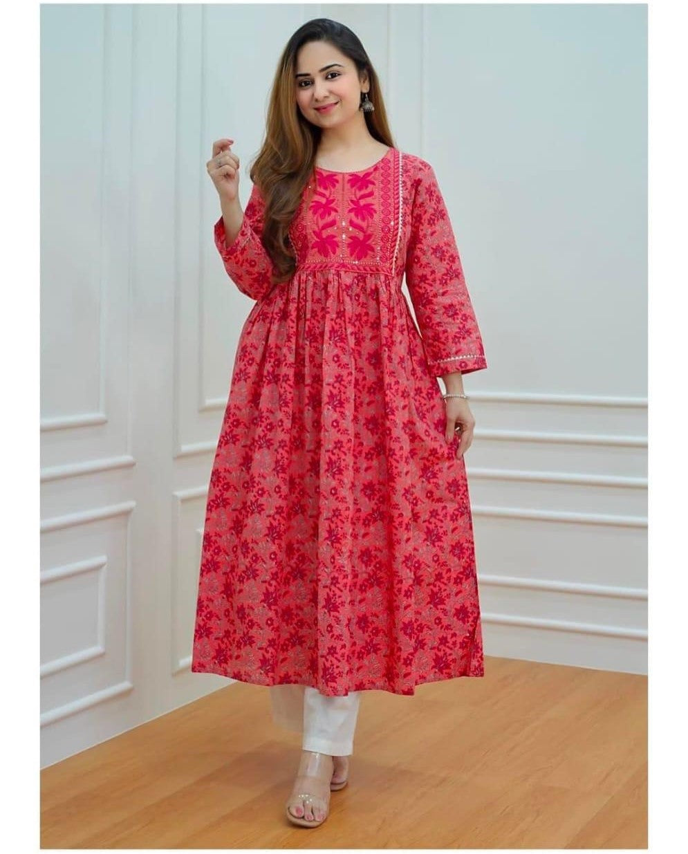 Elegant Red Cotton Anarkali Kurti Set with Exquisite Embroidery