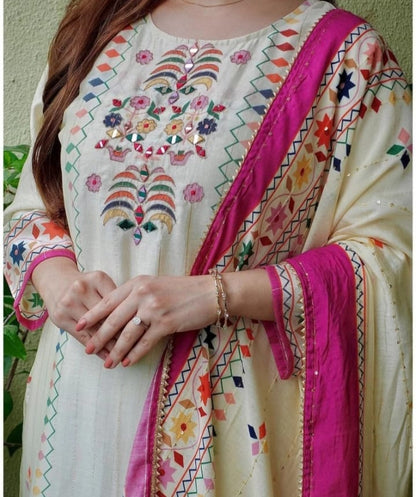 Exquisite Ivory Rayon 3-Piece Suit with Multicolor Prosin Print and Mirror Work