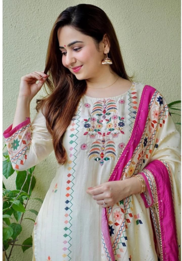 Exquisite Ivory Rayon 3-Piece Suit with Multicolor Prosin Print and Mirror Work