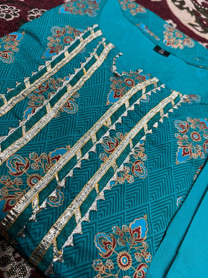 Ethereal Elegance: Rama Blue Printed Kurti Set with Gota Lace and Sharara