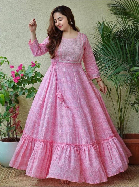 Enchanting Pink Cotton Gown: Embroidery, Print, and Flair