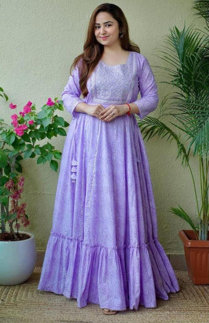 Enchanting Purple Cotton Gown with Exquisite Embroidery and Print