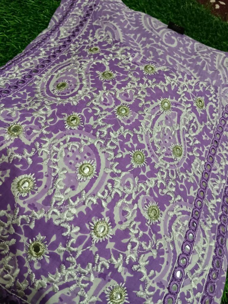 Enchanting Purple Cotton Gown with Exquisite Embroidery and Print