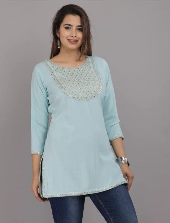 Sky Blue Embroidered Top with Side Cut and Half Sleeves