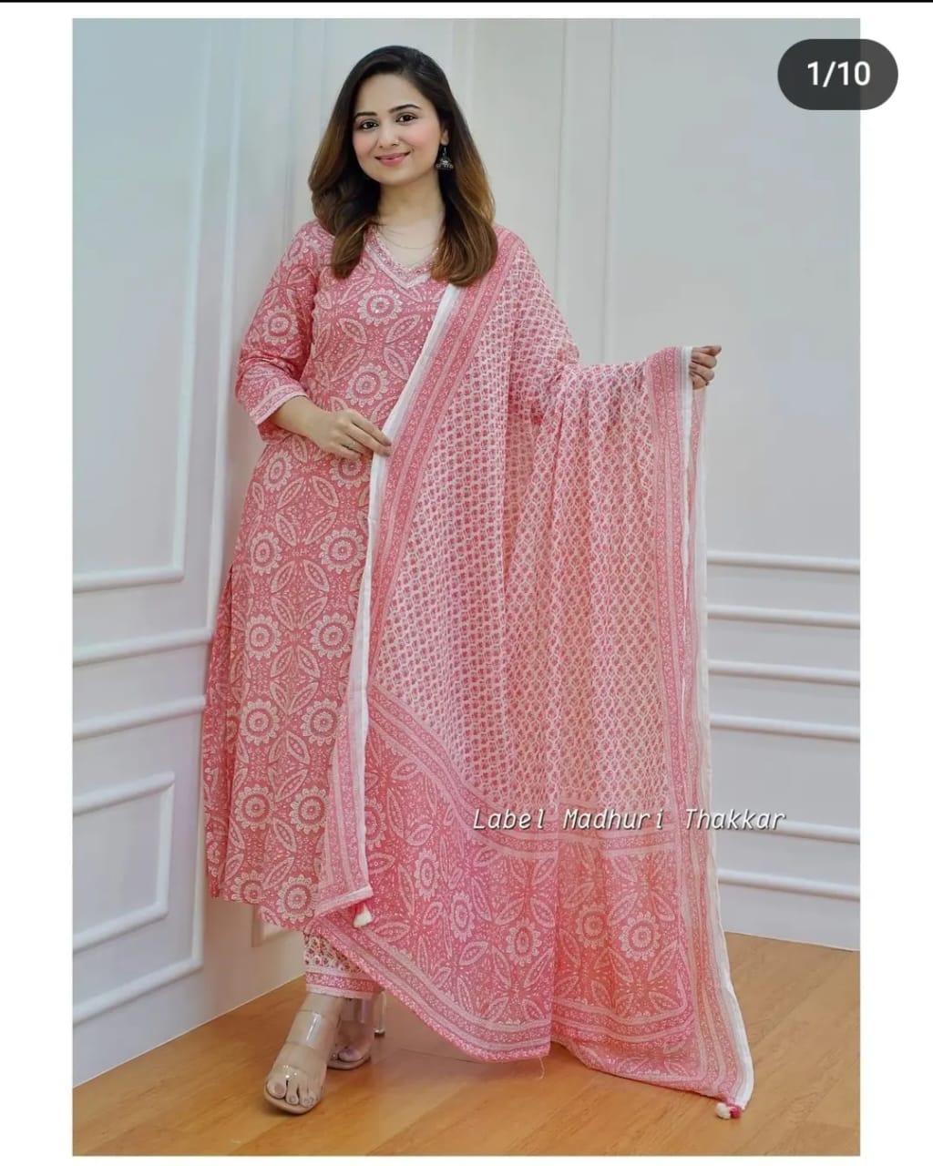 Pink Sanganeri Block Print Flared Suit with Afghani Pant and Adda Work Detailing