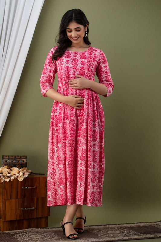 Pink Maternity Kurta in Cotton 60*60 Fabric - 42" Length