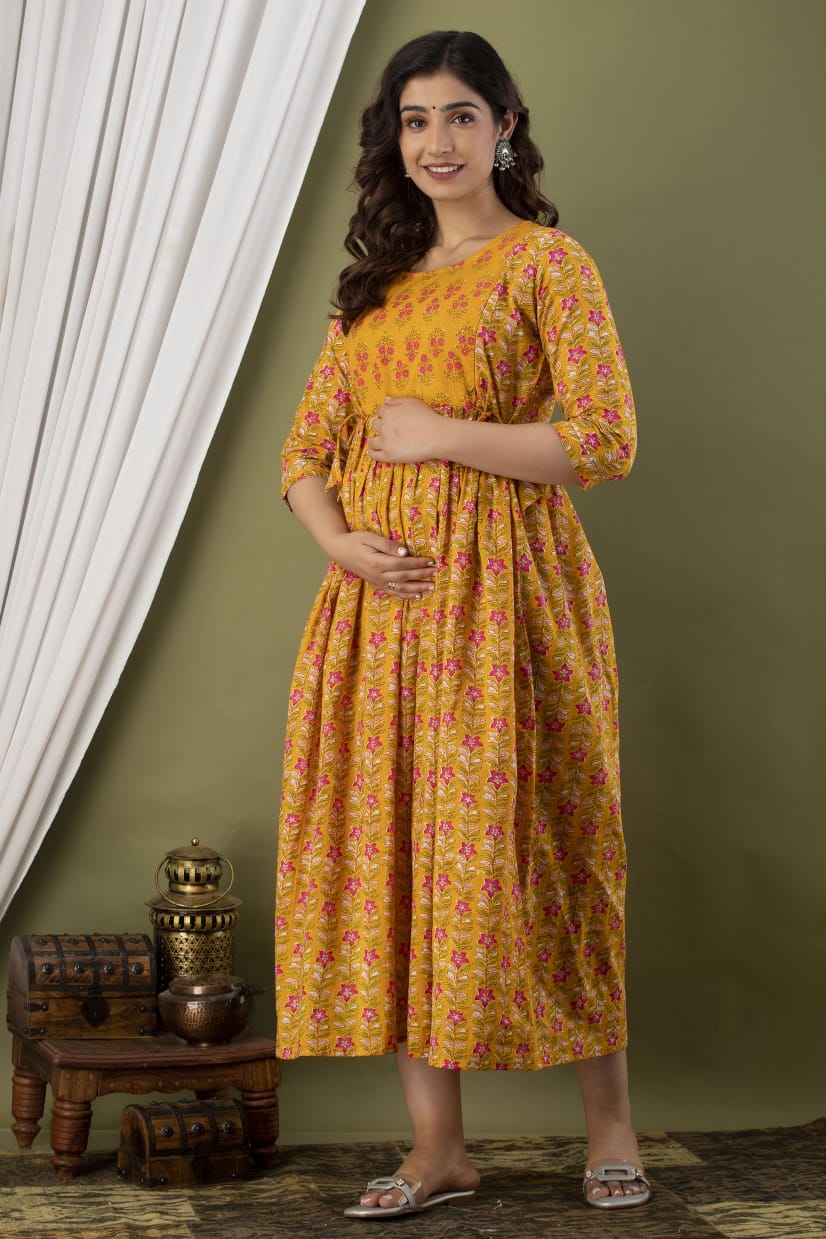 Yellow Maternity Kurta - Cotton 60*60 Fabric, Length 42