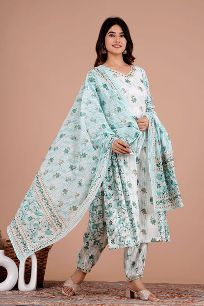 Enchanting Green Floral Afghani Suit Set: Handwork, Tassels, and Motifs