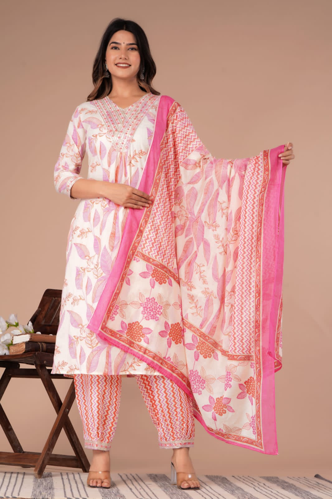 Pink Floral Afghani Suit Set with Embroidery on Neck
