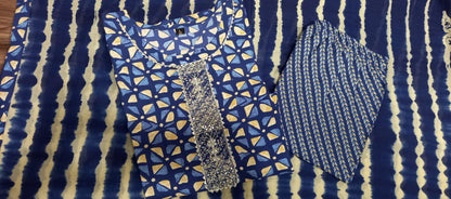 Blue Rayon Kurti Set with Embroidery Neckline and Tai Dai Dupatta