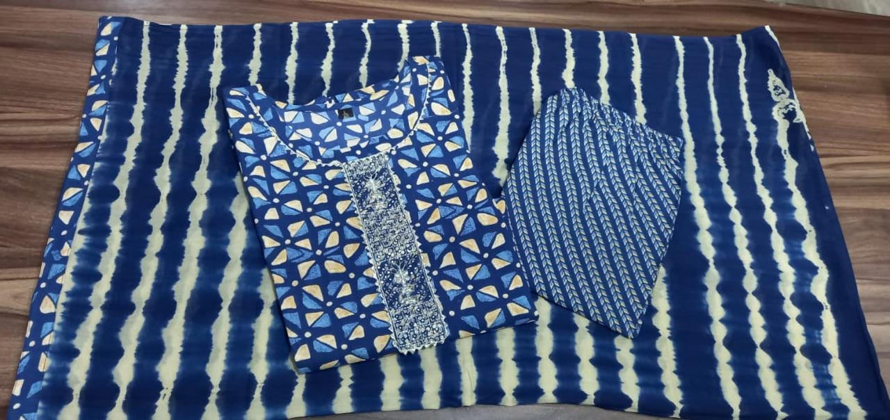 Blue Rayon Kurti Set with Embroidery Neckline and Tai Dai Dupatta