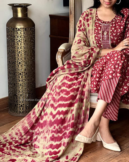 Red Rayon Suit Set with Embroidery