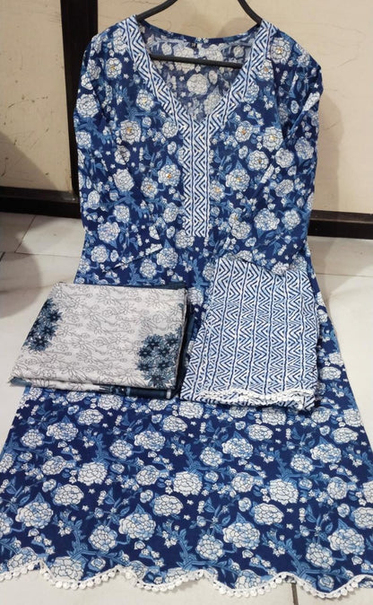 Blue Cotton 3-Piece Suit Set with Printed Border Yoke and Chicken Lace