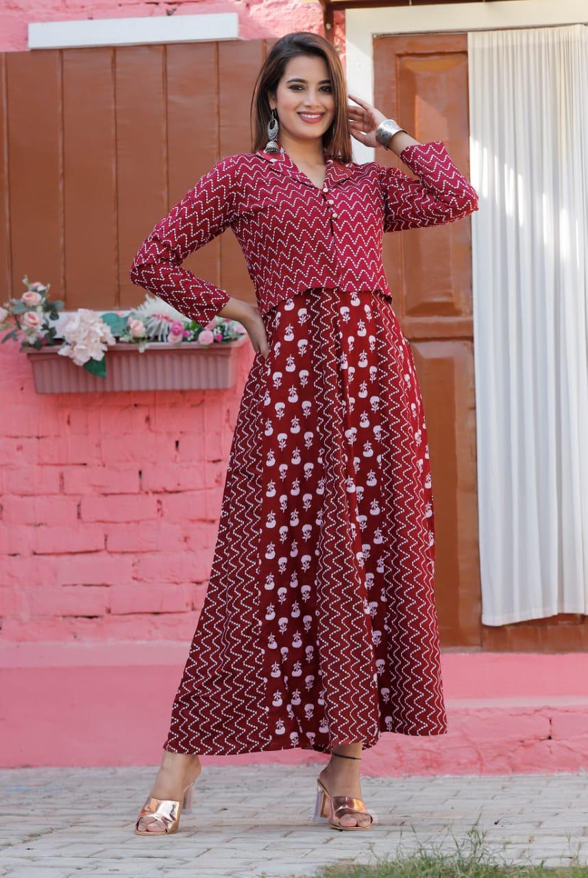 Maroon Procion Print Long Gown with Jacket Set