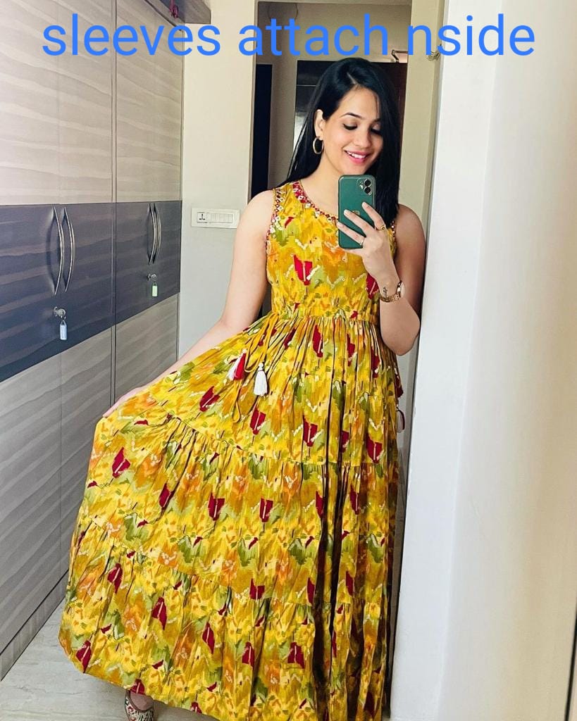 Yellow Floral Maxi Dress: Cotton Fabric, Sleeves Attach Inside
