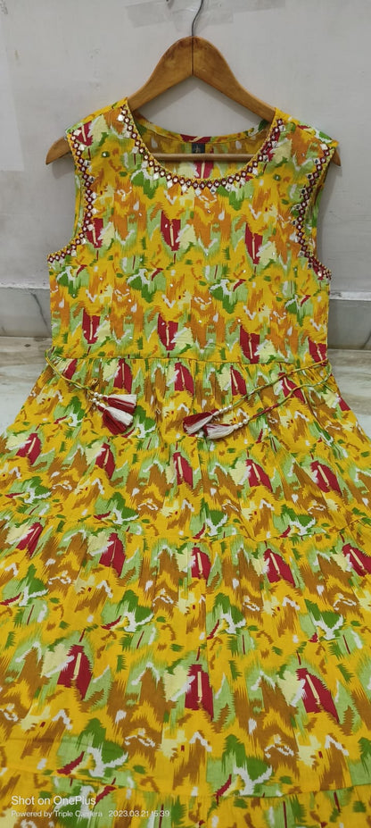 Yellow Floral Maxi Dress: Cotton Fabric, Sleeves Attach Inside