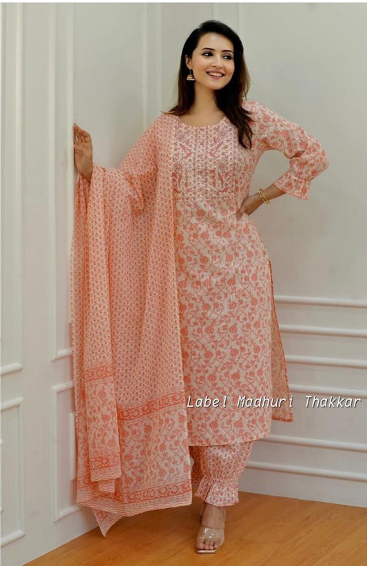 Peach Cotton Suit Set with Embroidery and Cotton Dupatta