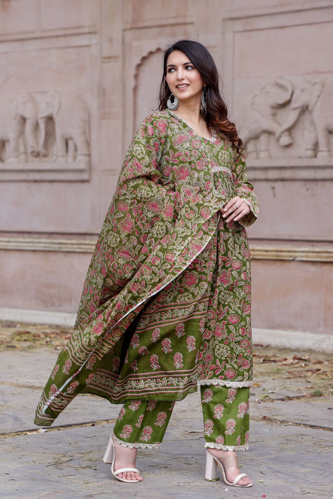 Green Cotton Alia Cut Anarkali Kurti Set with Gotta Lace Detailing