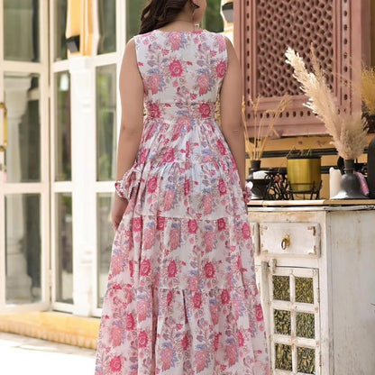 Pink and White Cotton Floral Maxi Dress