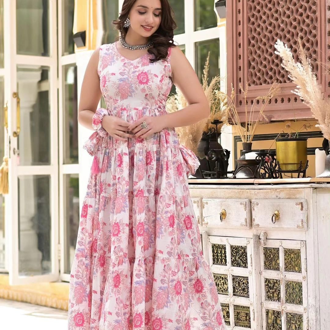 Pink and White Cotton Floral Maxi Dress