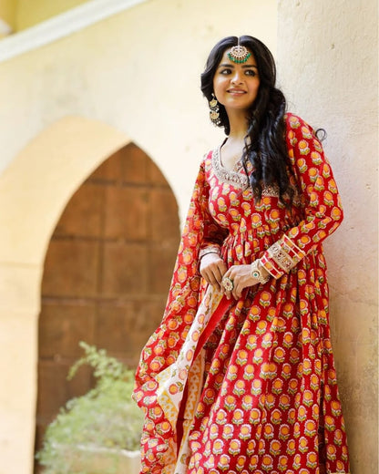 Red Hand-Block Printed Pakistani Suit with Gota Lace Work