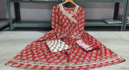 Red Hand-Block Printed Pakistani Suit with Gota Lace Work