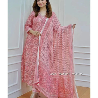 Pink Cotton Flared Suit with Sanganeri Block Print